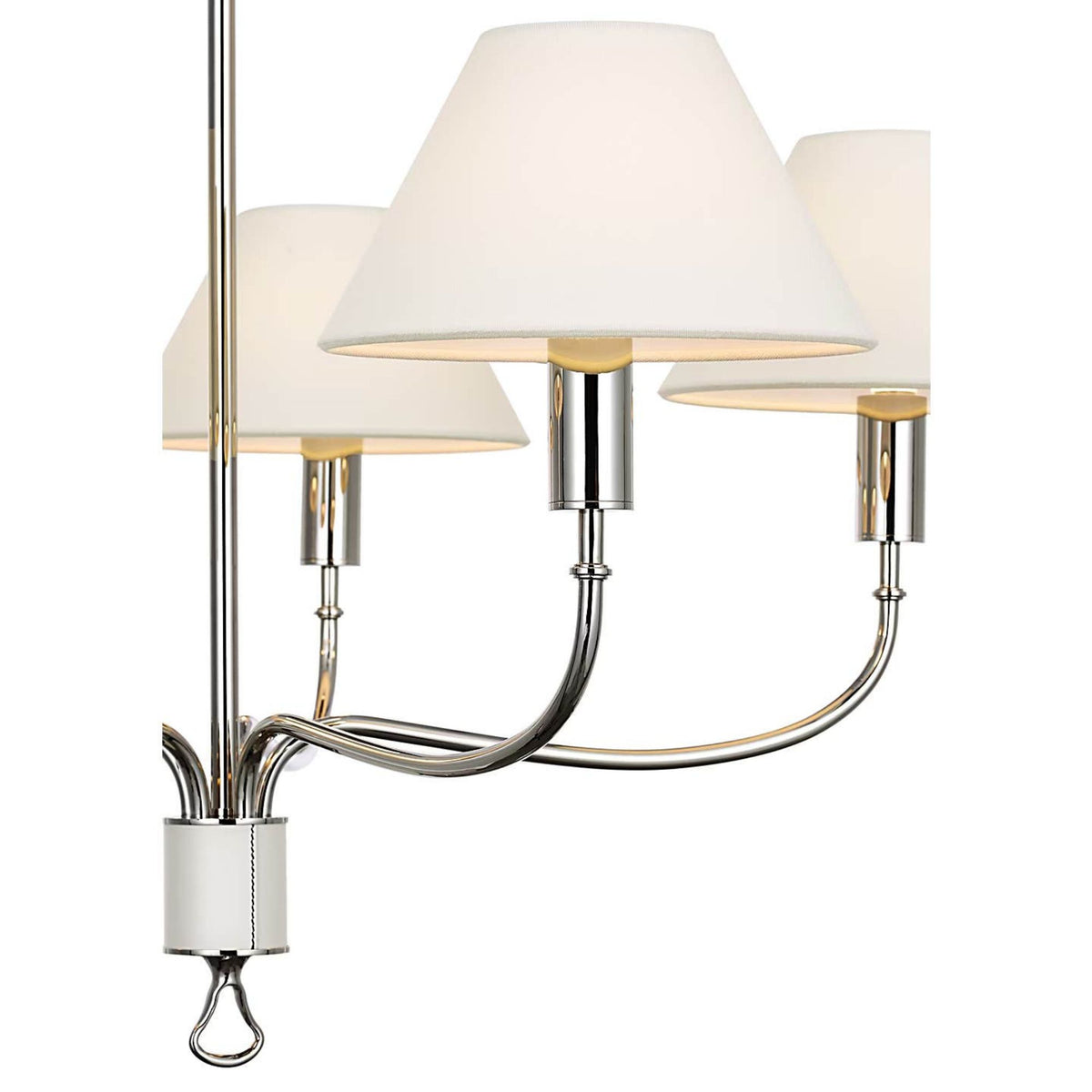 Amber Lewis Griffin 31" Chandelier in Polished Nickel and Parchment Leather with Linen Shades W31" x H23.5"