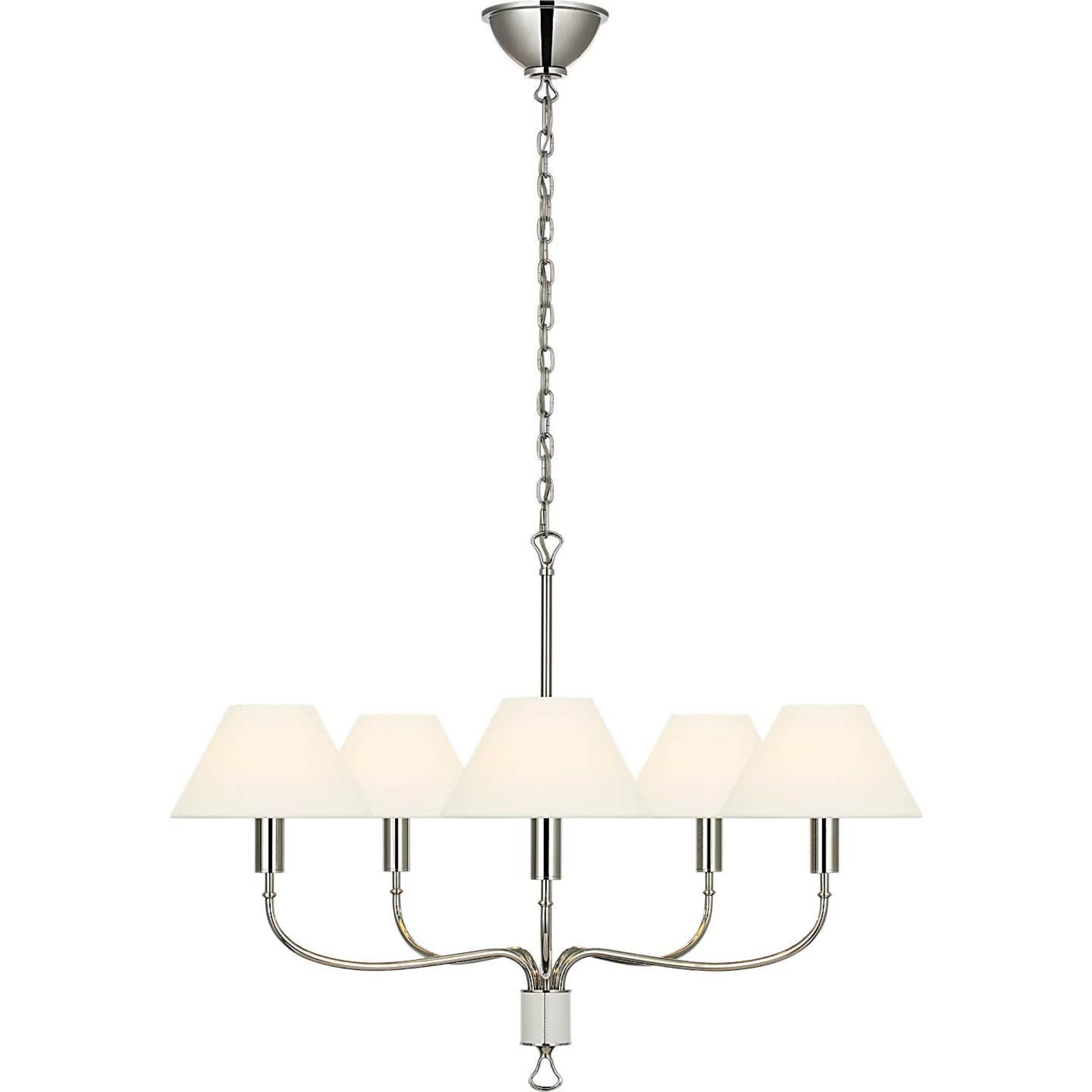 Amber Lewis Griffin 31" Chandelier in Polished Nickel and Parchment Leather with Linen Shades W31" x H23.5"