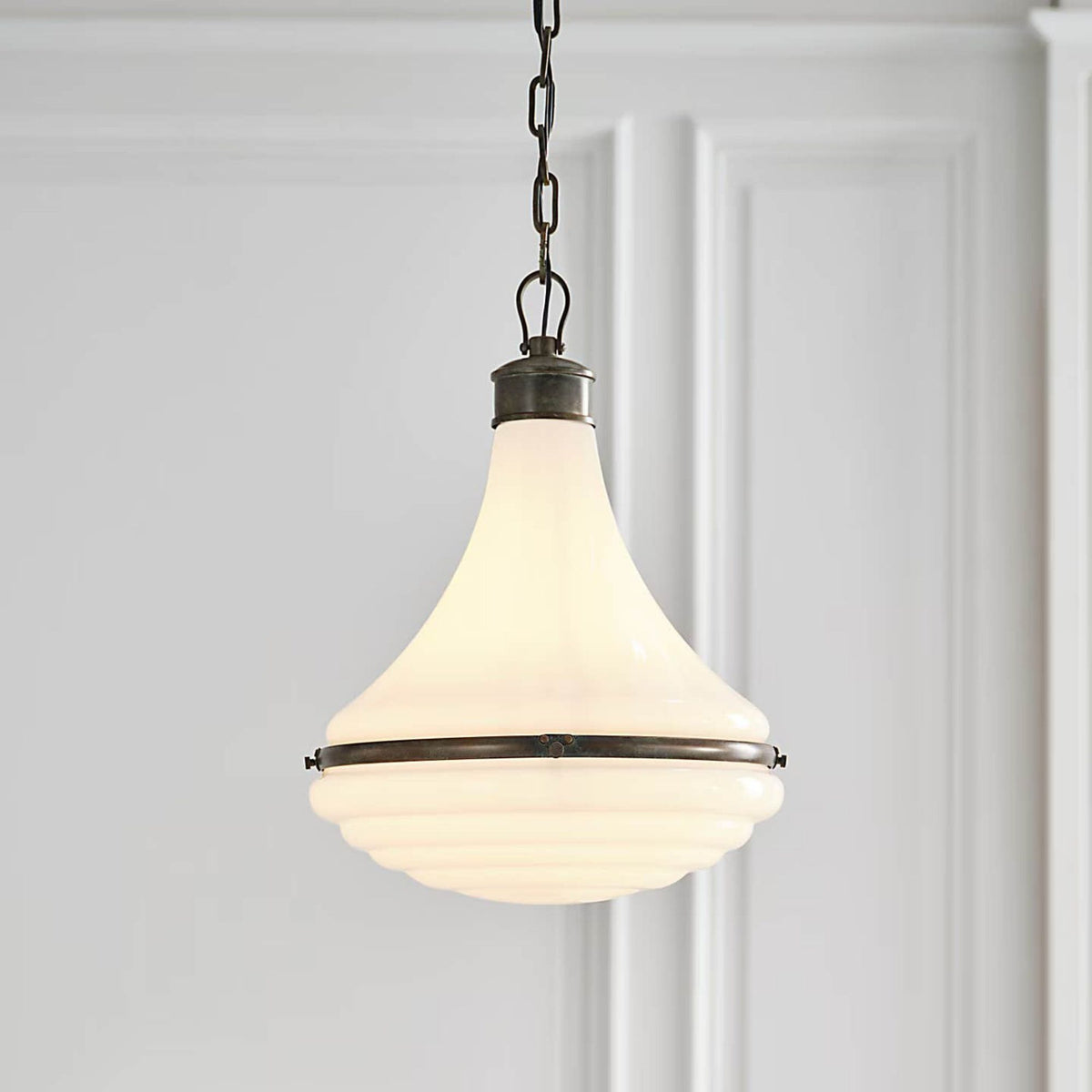 Amber Lewis Wesley 15" Pendant in Bronze with Verdigris Highlights with White Glass W14.75" x H19.75"