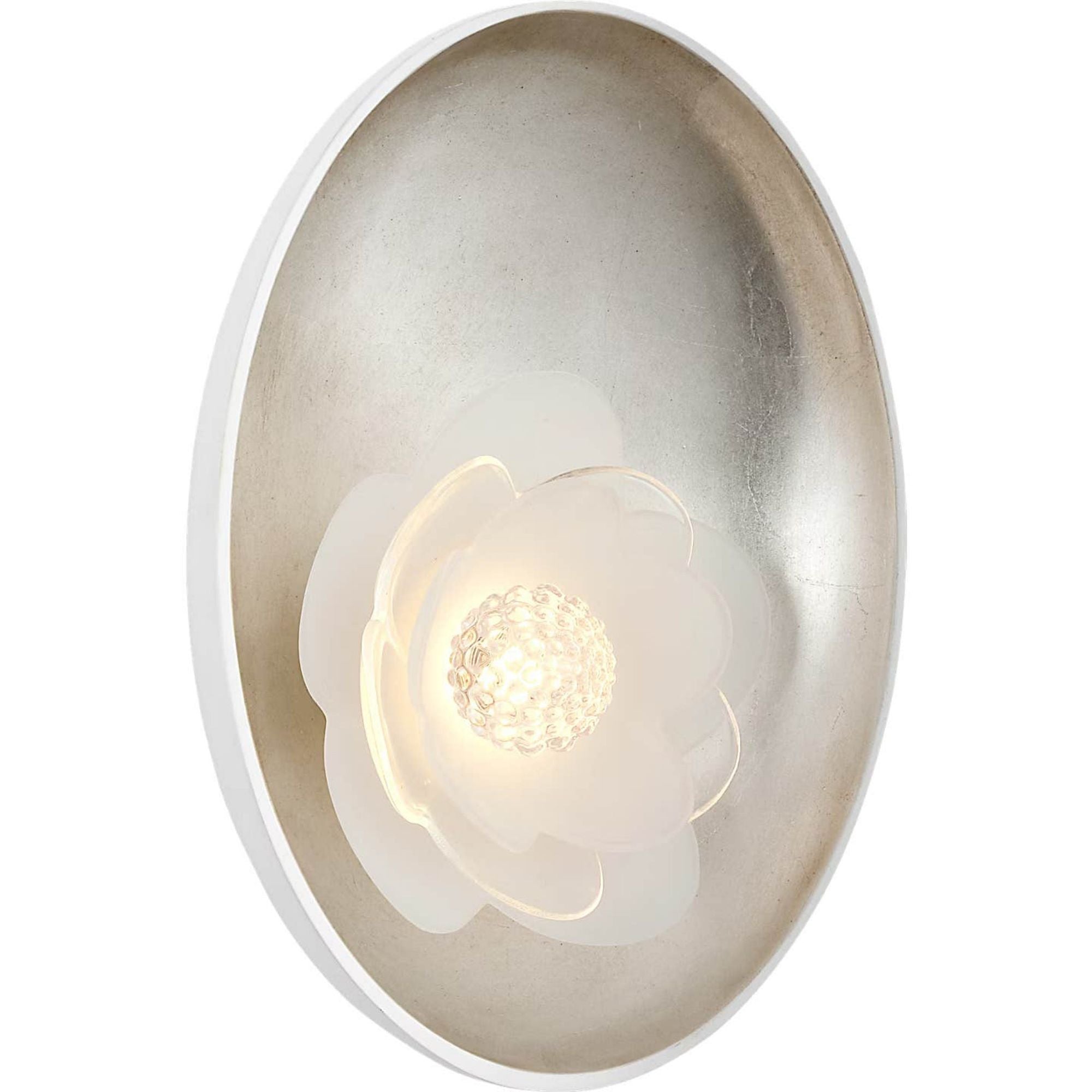 Barbara Barry Petaluma 7" Reflector Sconce in Matte White and Burnished Silver Leaf with Etched and Clear Glass Flower W5.25" x H6.5" x E2.25"
