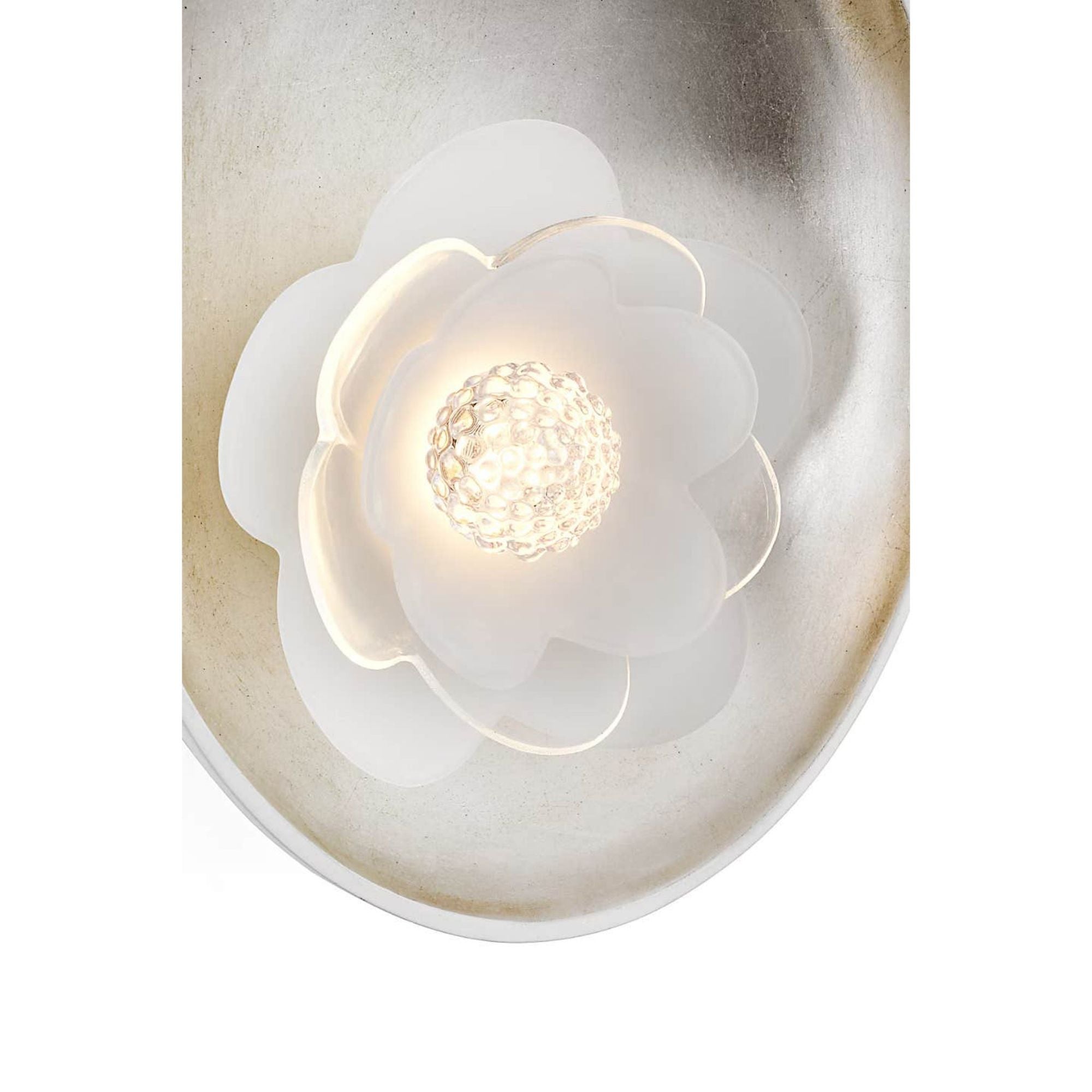 Barbara Barry Petaluma 7" Reflector Sconce in Matte White and Burnished Silver Leaf with Etched and Clear Glass Flower W5.25" x H6.5" x E2.25"