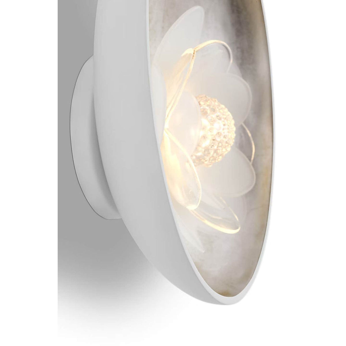 Barbara Barry Petaluma 7" Reflector Sconce in Matte White and Burnished Silver Leaf with Etched and Clear Glass Flower W5.25" x H6.5" x E2.25"