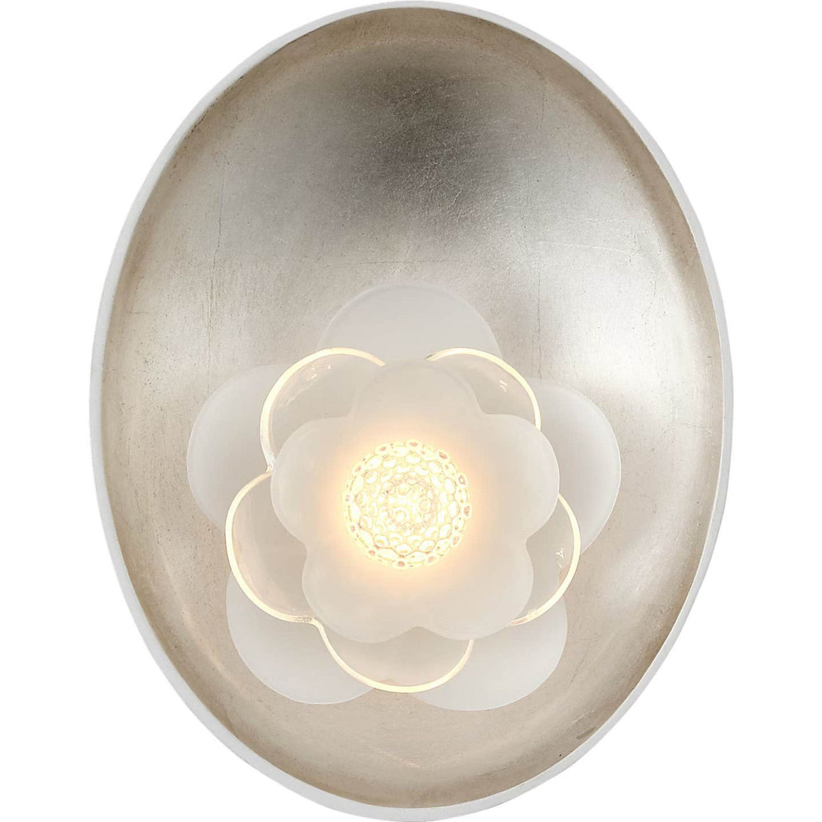 Barbara Barry Petaluma 7" Reflector Sconce in Matte White and Burnished Silver Leaf with Etched and Clear Glass Flower W5.25" x H6.5" x E2.25"