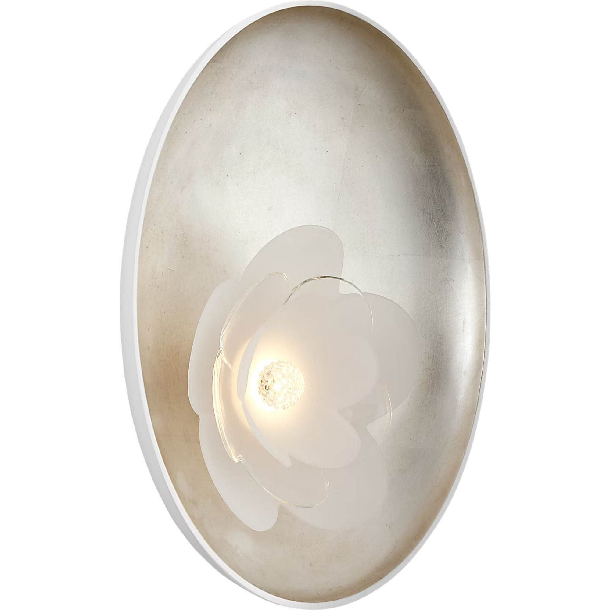 Barbara Barry Petaluma 13" Reflector Sconce in Matte White and Burnished Silver Leaf with Etched and Clear Glass Flower W10.25" x H13" x E3.25"