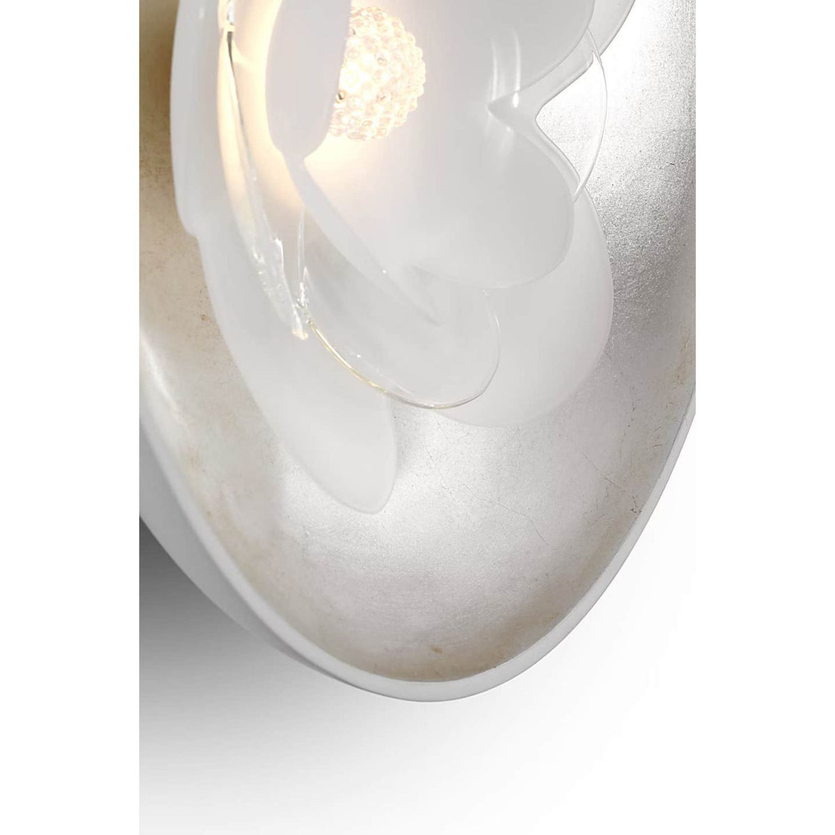 Barbara Barry Petaluma 13" Reflector Sconce in Matte White and Burnished Silver Leaf with Etched and Clear Glass Flower W10.25" x H13" x E3.25"