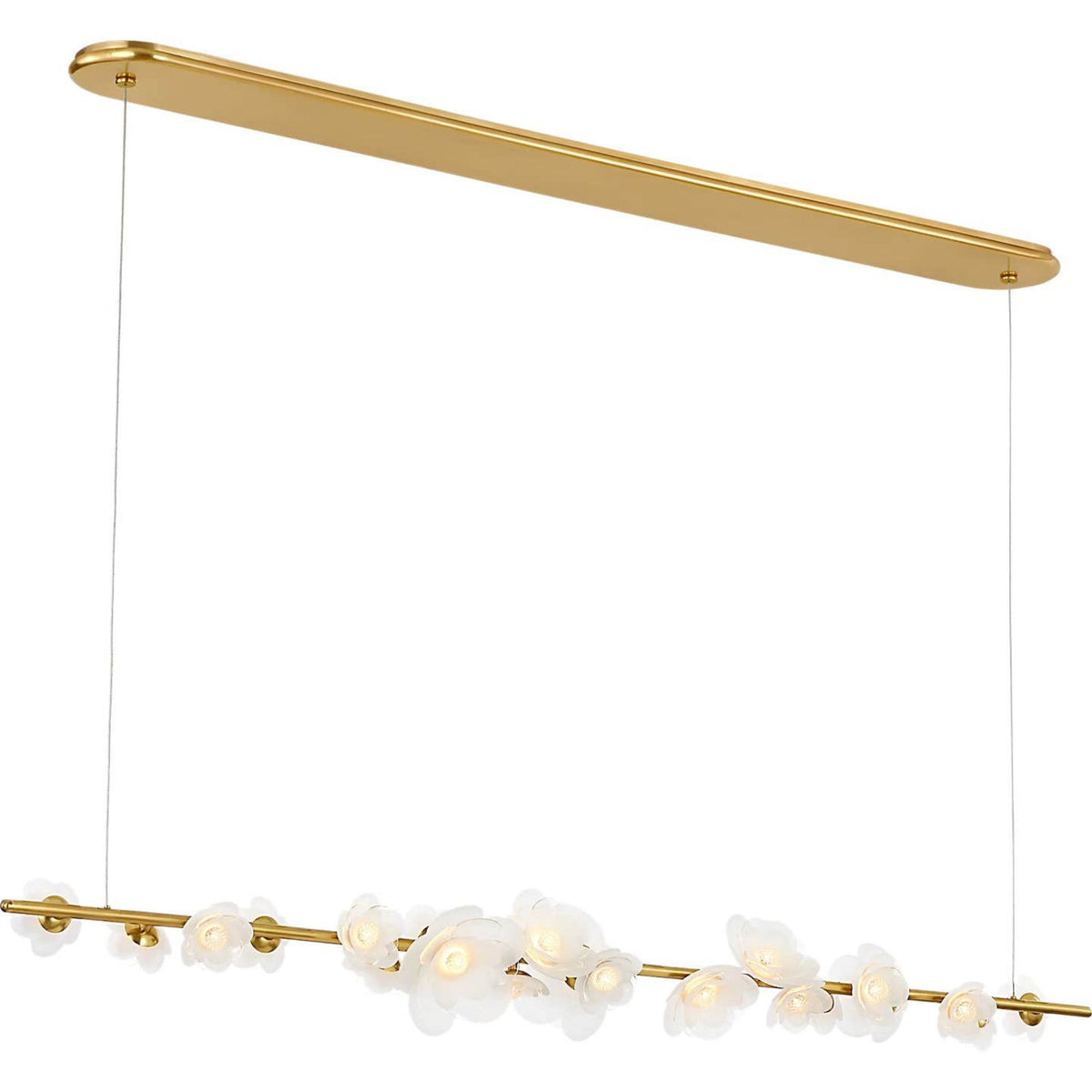 Barbara Barry Petaluma 63" Linear Chandelier in Soft Lacquered Brass with Etched and Clear Glass Flowers W6.75" x 63"