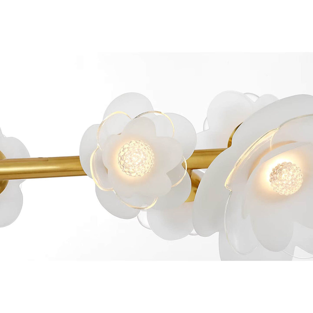 Barbara Barry Petaluma 63" Linear Chandelier in Soft Lacquered Brass with Etched and Clear Glass Flowers W6.75" x 63"