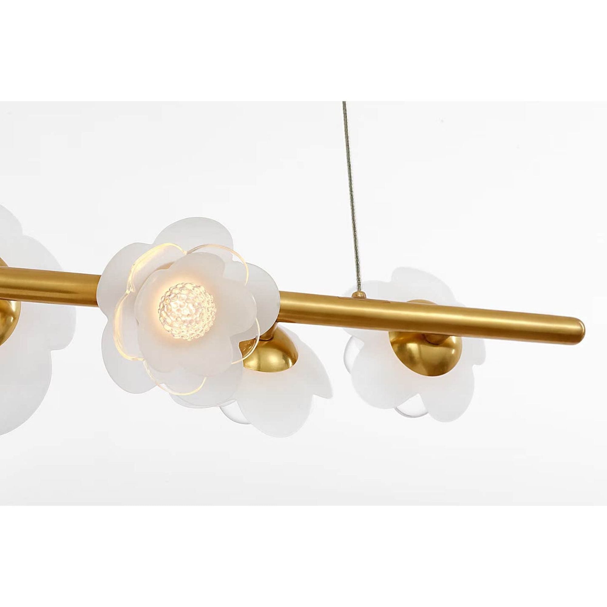 Barbara Barry Petaluma 63" Linear Chandelier in Soft Lacquered Brass with Etched and Clear Glass Flowers W6.75" x 63"