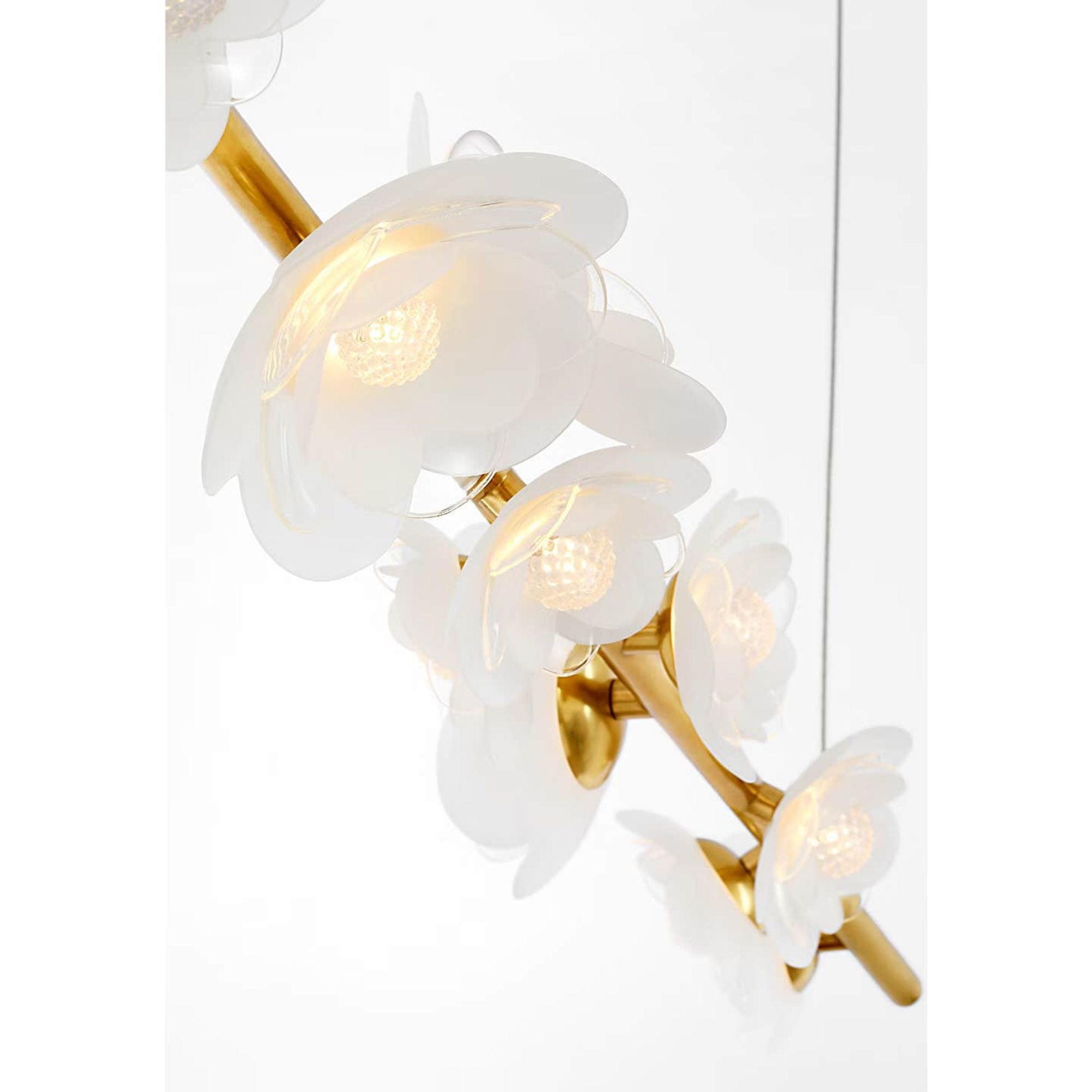 Barbara Barry Petaluma 63" Linear Chandelier in Soft Lacquered Brass with Etched and Clear Glass Flowers W6.75" x 63"