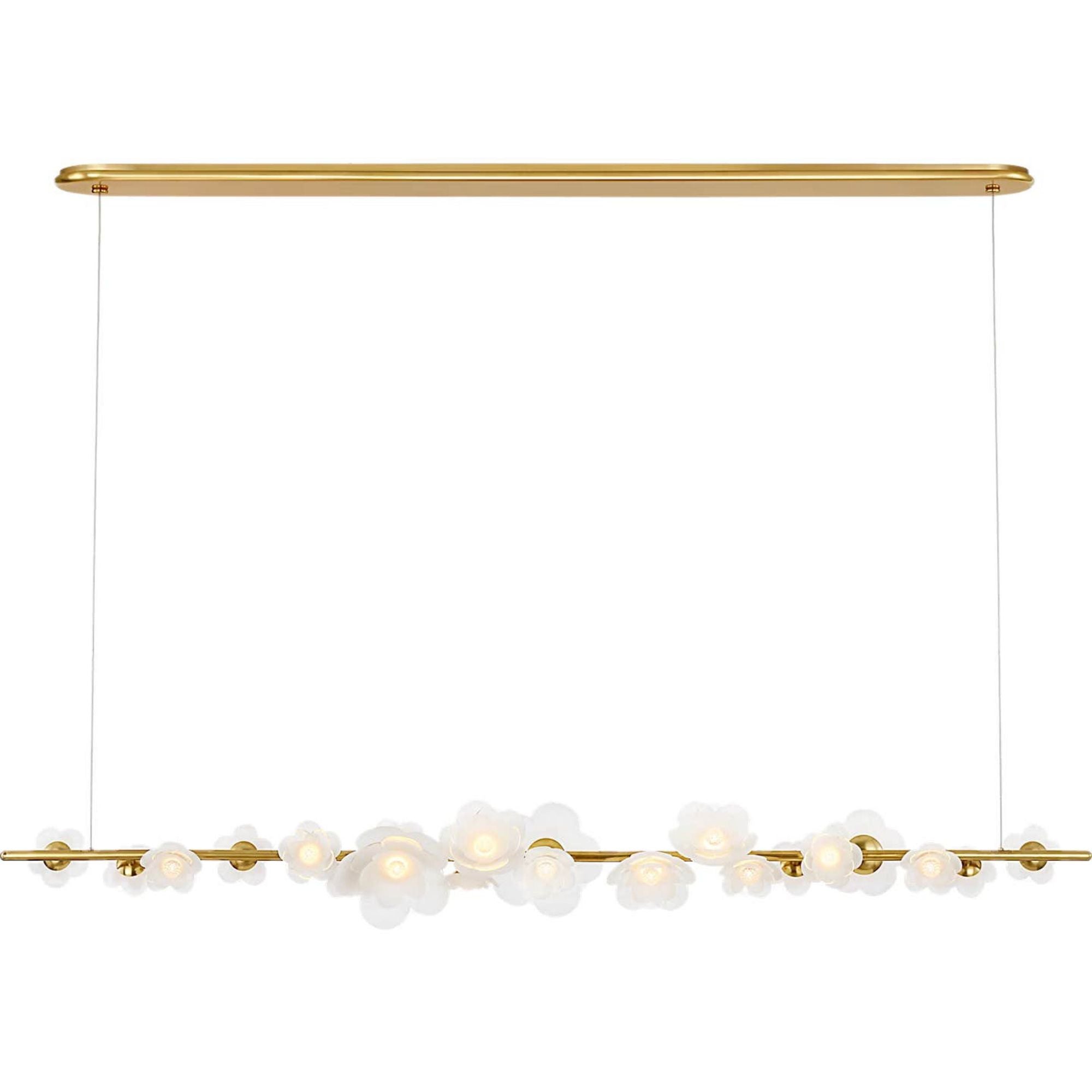 Barbara Barry Petaluma 63" Linear Chandelier in Soft Lacquered Brass with Etched and Clear Glass Flowers W6.75" x 63"