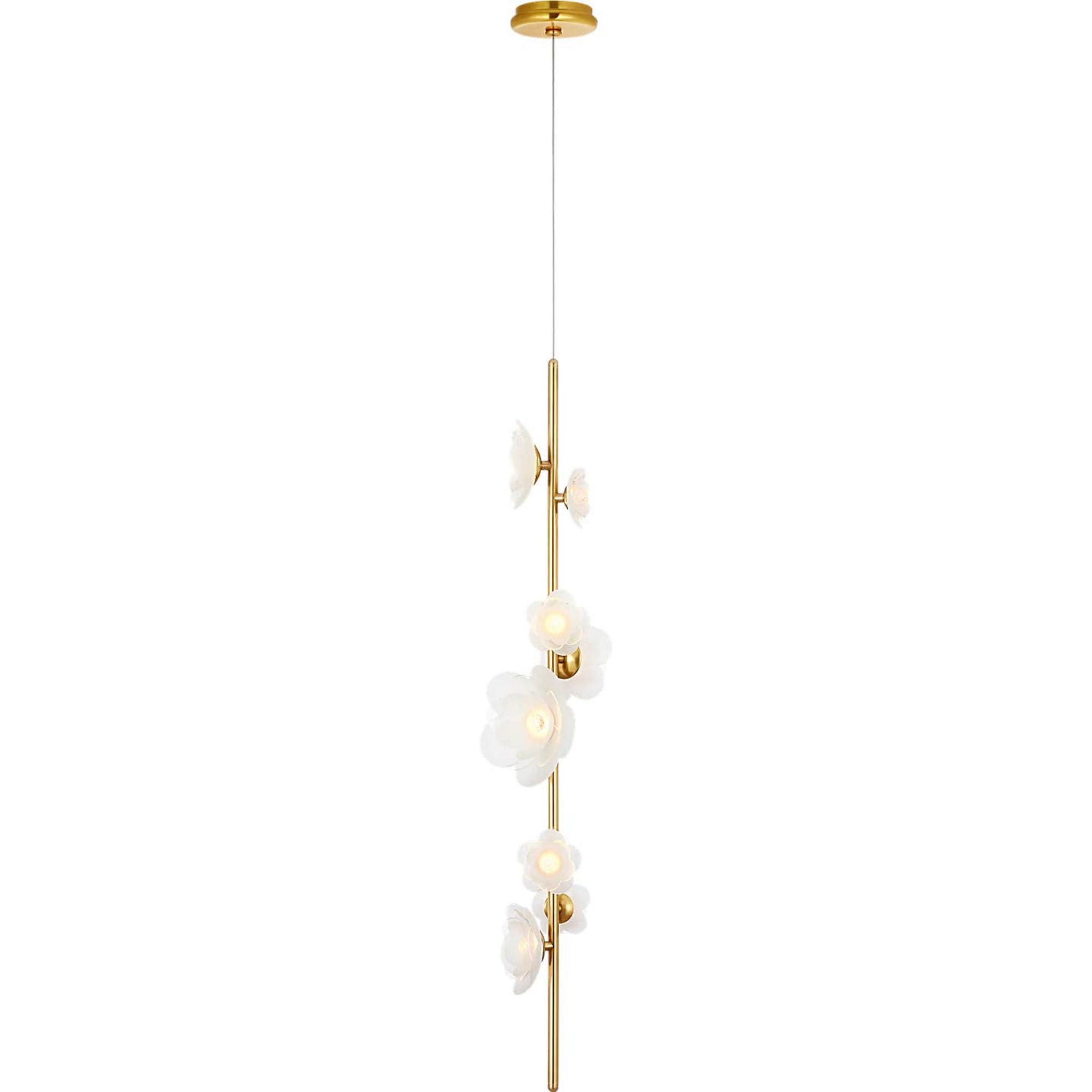 Barbara Barry Petaluma 7" Vertical Pendant in Soft Lacquered Brass with Etched and Clear Glass Flowers W7.25"