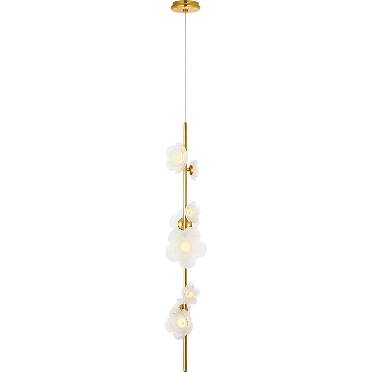 Barbara Barry Petaluma 7" Vertical Pendant in Soft Lacquered Brass with Etched and Clear Glass Flowers W7.25"