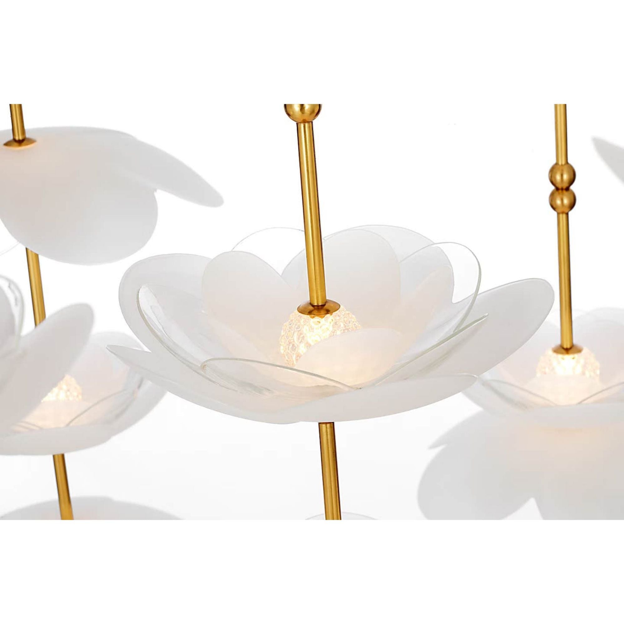Barbara Barry Petaluma 28" Cascading Chandelier in Soft Lacquered Brass with Etched and Clear Glass Flowers W32"