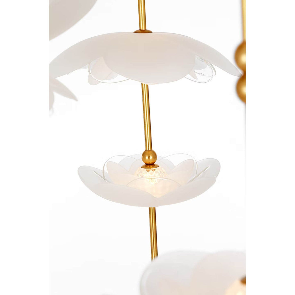 Barbara Barry Petaluma 28" Cascading Chandelier in Soft Lacquered Brass with Etched and Clear Glass Flowers W32"