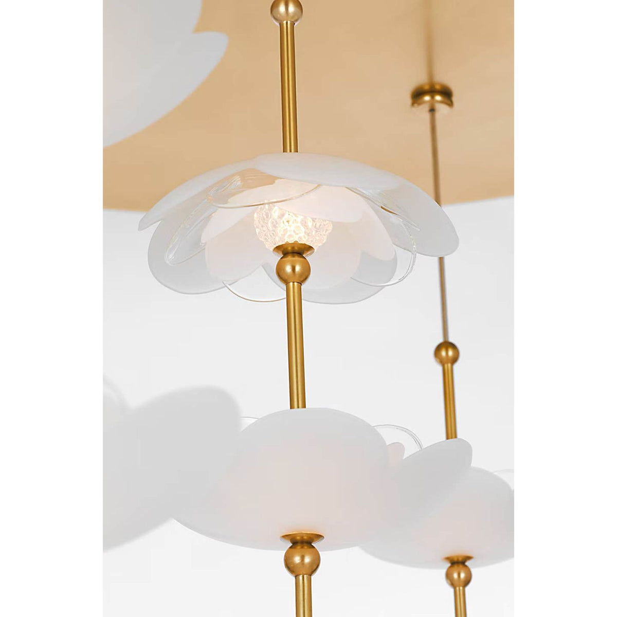 Barbara Barry Petaluma 28" Cascading Chandelier in Soft Lacquered Brass with Etched and Clear Glass Flowers W32"