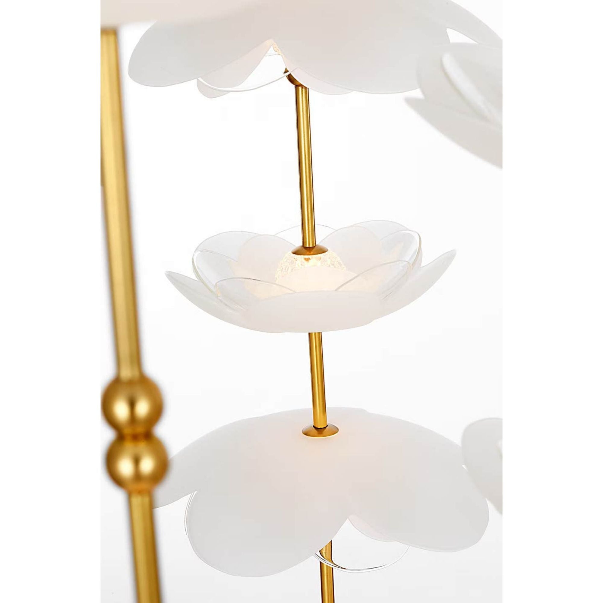 Barbara Barry Petaluma 28" Cascading Chandelier in Soft Lacquered Brass with Etched and Clear Glass Flowers W32"