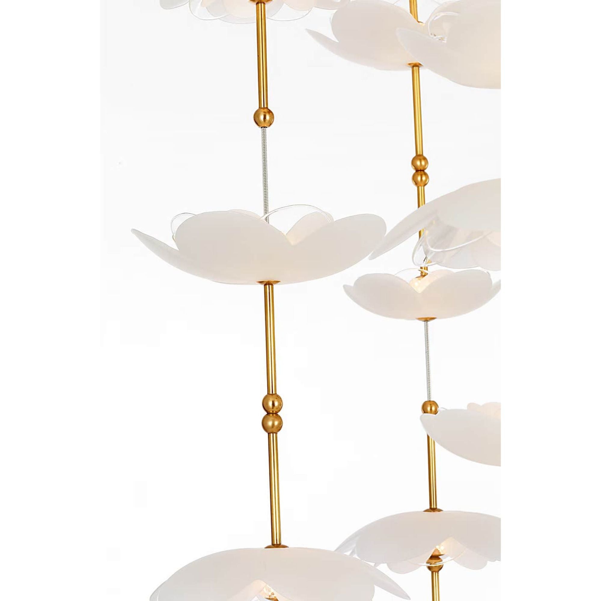 Barbara Barry Petaluma 28" Cascading Chandelier in Soft Lacquered Brass with Etched and Clear Glass Flowers W32"