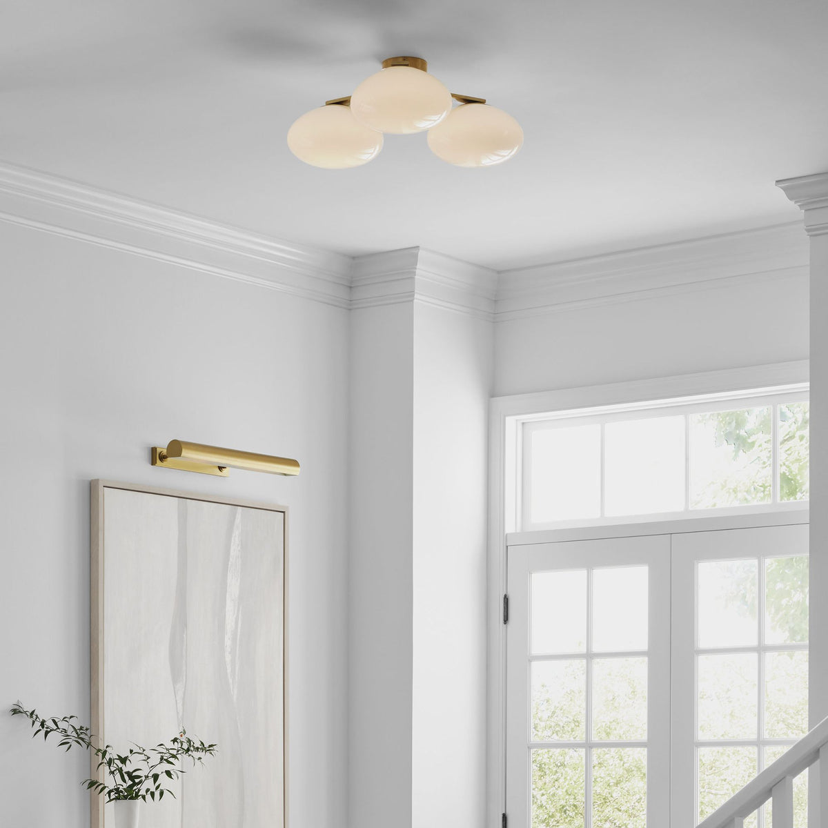 Champalimaud Marisol XL Triple Flush Mount in Soft Brass with White Glass W26.75" x H10"
