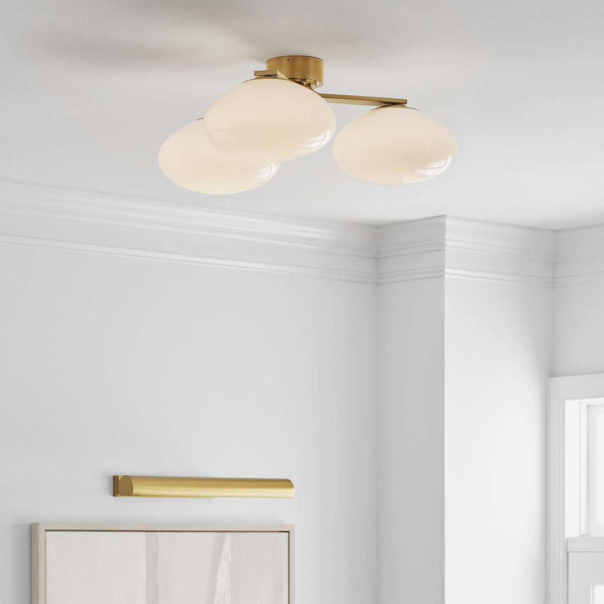Champalimaud Marisol XL Triple Flush Mount in Soft Brass with White Glass W26.75" x H10"