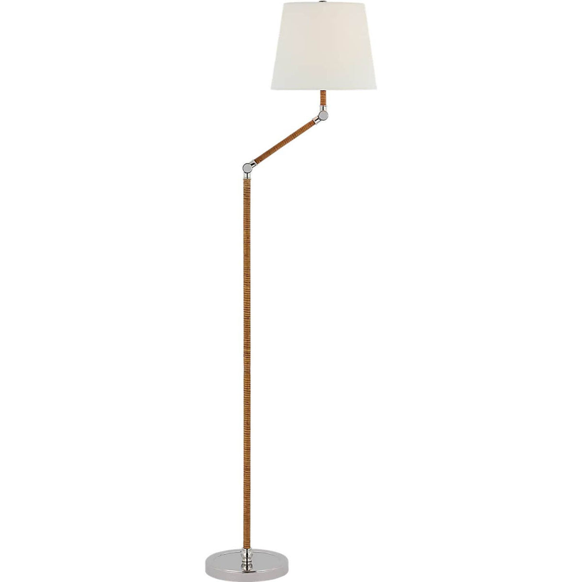 Chapman & Myers Basden Bridge Arm Floor Lamp in Polished Nickel and Natural Rattan with Linen Shade W10.5" x H52" - 61" x E10.5" - 18.5"