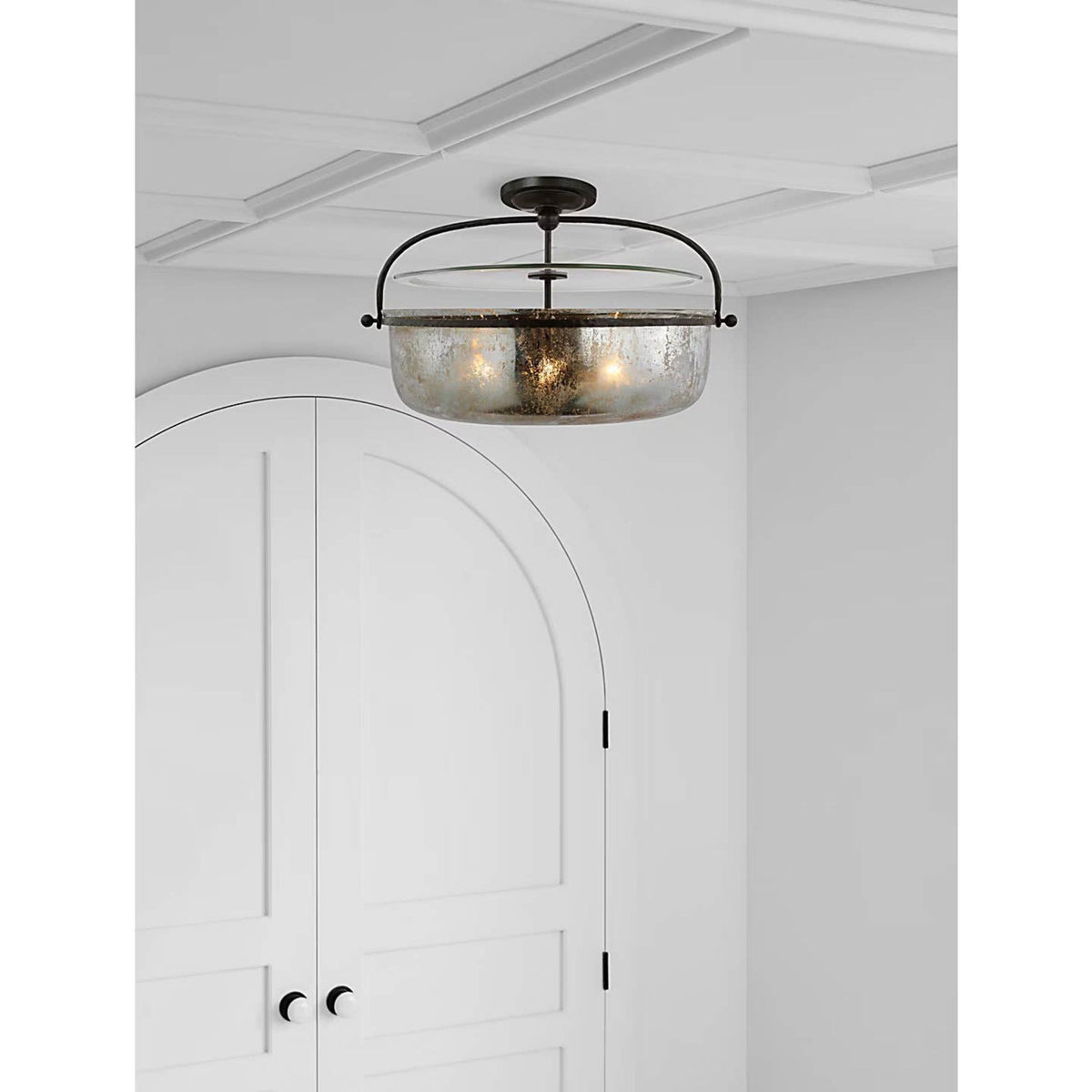 Chapman & Myers Lorford Large Semi Flush Lantern in Aged Iron with Antique Mercury Glass W28" x H17.5"
