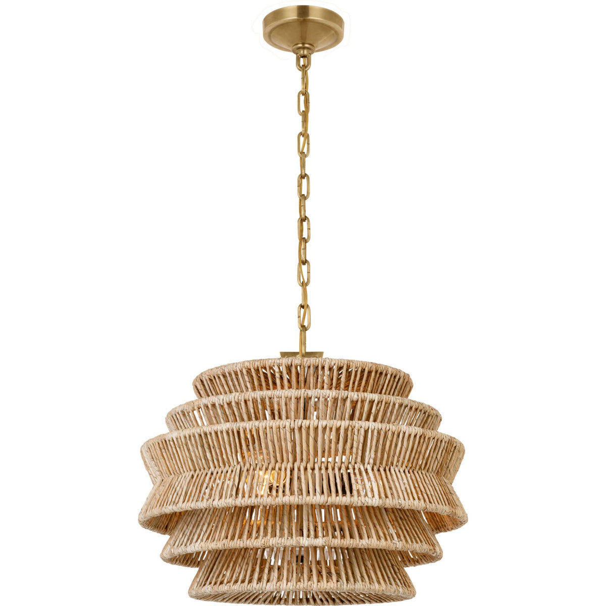 Chapman & Myers Antigua Small Drum Chandelier in Antique-Burnished Brass and Natural Abaca W22" x H17"