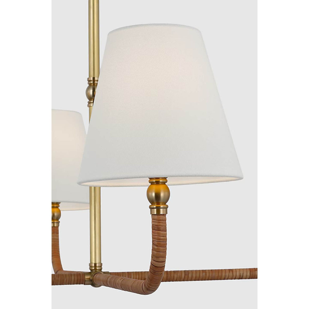Chapman & Myers Basden Medium Single Tier Chandelier in Antique-Burnished Brass and Natural Rattan with Linen Shades W32" x H22"