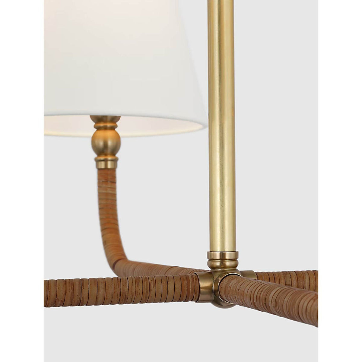 Chapman & Myers Basden Medium Single Tier Chandelier in Antique-Burnished Brass and Natural Rattan with Linen Shades W32" x H22"