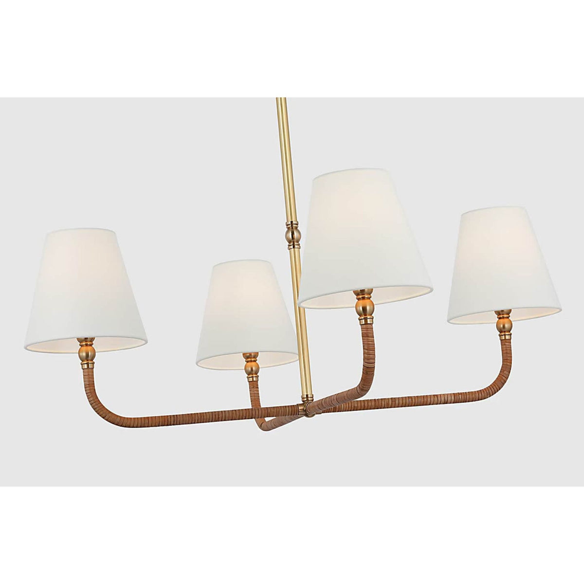 Chapman & Myers Basden Medium Single Tier Chandelier in Antique-Burnished Brass and Natural Rattan with Linen Shades W32" x H22"