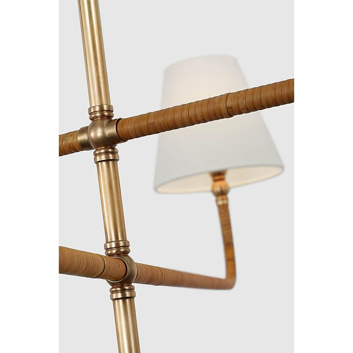 Chapman & Myers Basden Grande Three Tier Chandelier in Antique-Burnished Brass and Natural Rattan with Linen Shades W60" x H34"