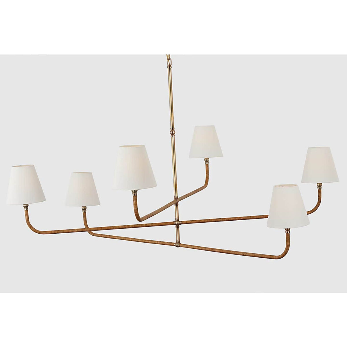 Chapman & Myers Basden Grande Three Tier Chandelier in Antique-Burnished Brass and Natural Rattan with Linen Shades W60" x H34"