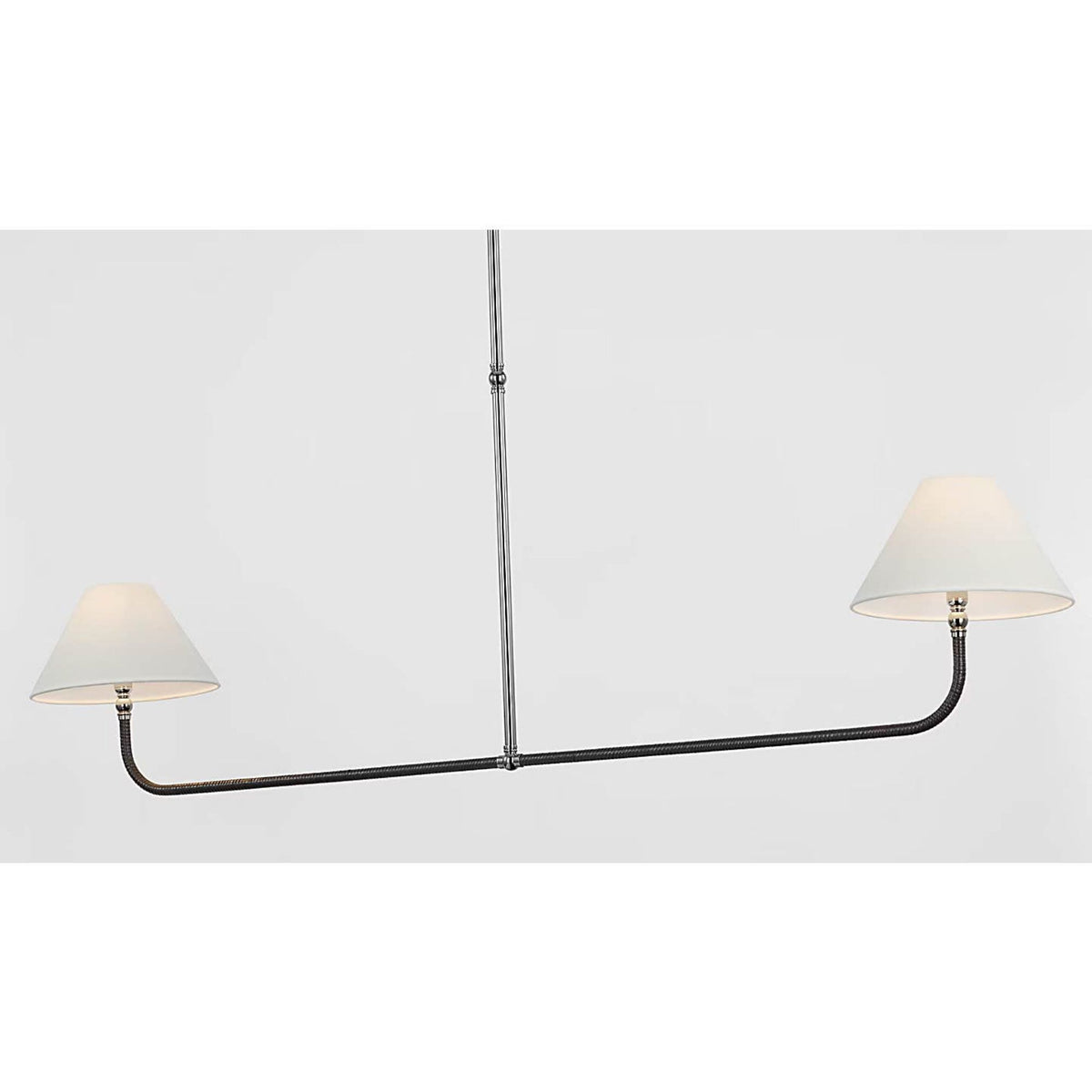 Chapman & Myers Basden Extra Large Linear Chandelier in Polished Nickel and Black Rattan with Linen Shades W11" x 63"