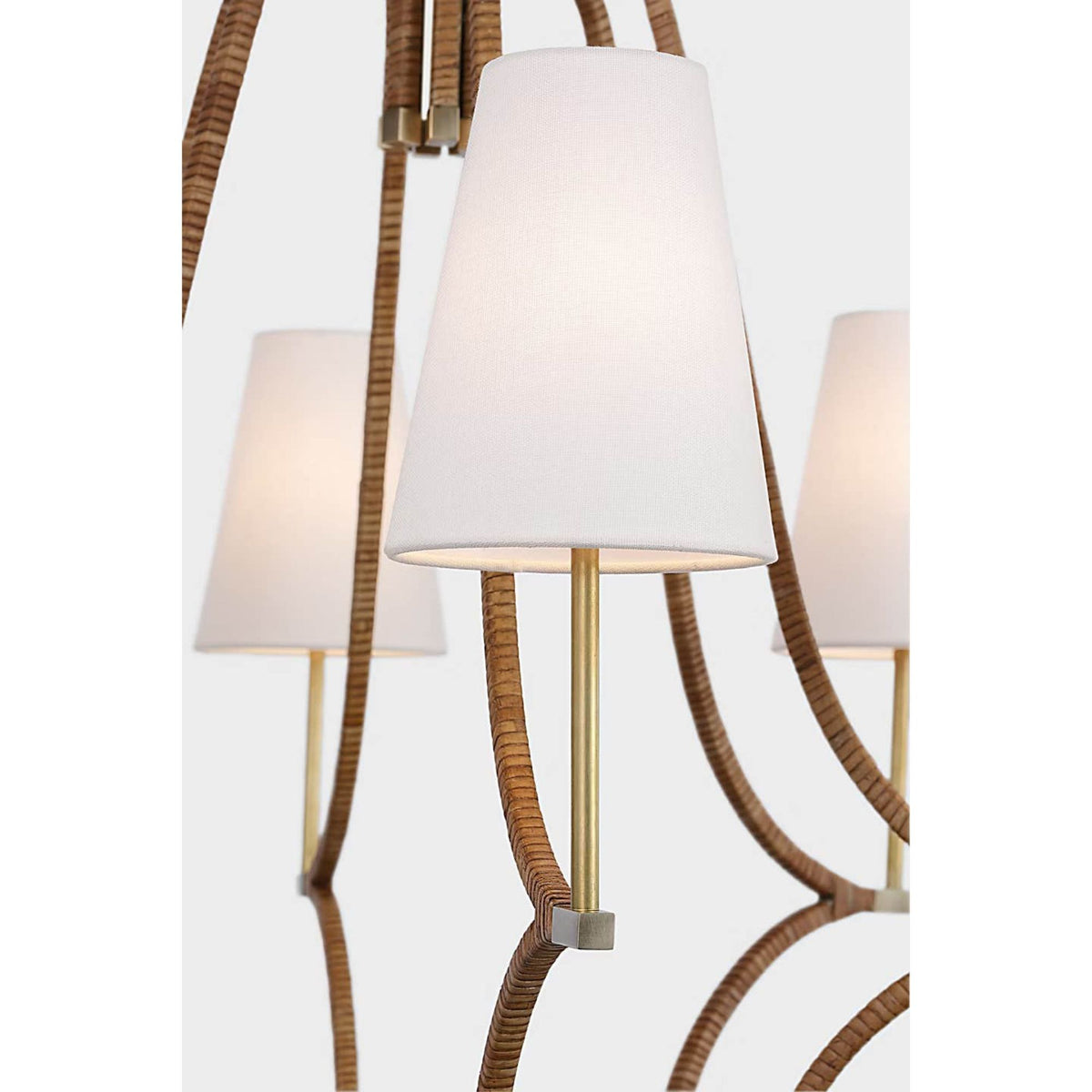 Chapman & Myers Biscayne Large Wrapped Chandelier in Antique-Burnished Brass and Natural Rattan with Linen Shades W30.25" x H27.5"