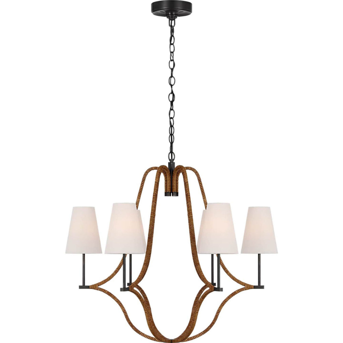 Chapman & Myers Biscayne Large Wrapped Chandelier in Bronze and Natural Rattan with Linen Shades W30.25" x H27.5"