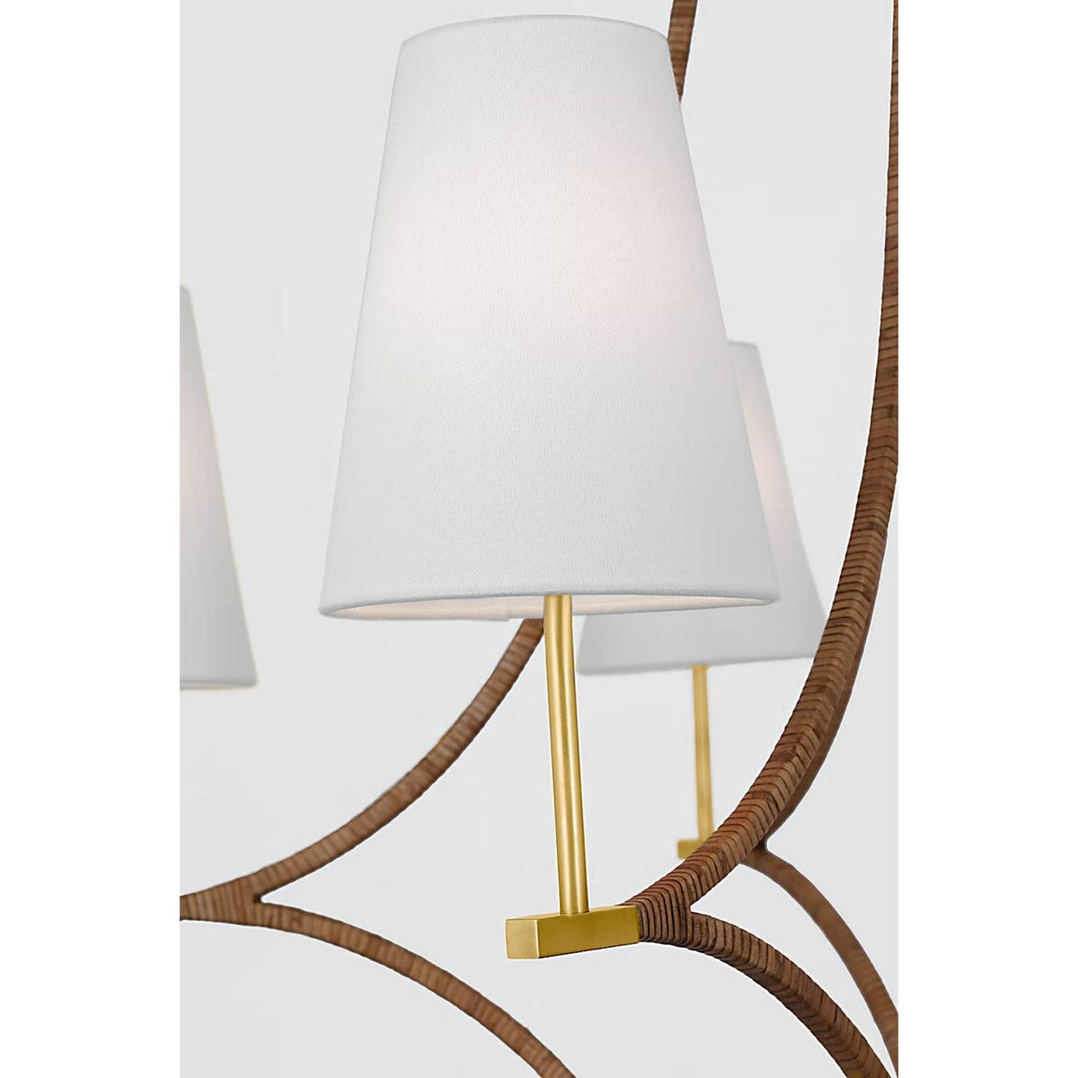 Chapman & Myers Biscayne Extra Large Wrapped Chandelier in Antique-Burnished Brass and Natural Rattan with Linen Shades W45.75" x H42.75"