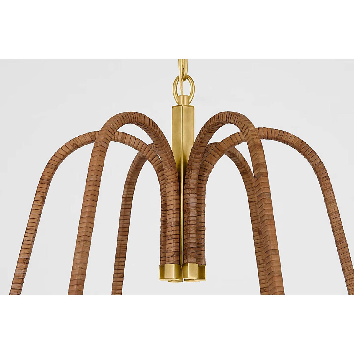 Chapman & Myers Biscayne Extra Large Wrapped Chandelier in Antique-Burnished Brass and Natural Rattan with Linen Shades W45.75" x H42.75"