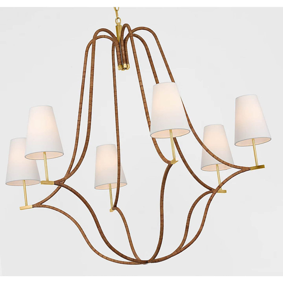 Chapman & Myers Biscayne Extra Large Wrapped Chandelier in Antique-Burnished Brass and Natural Rattan with Linen Shades W45.75" x H42.75"
