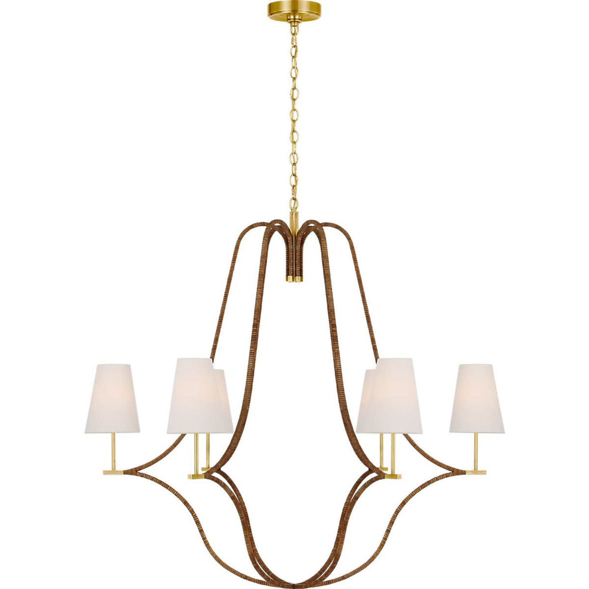 Chapman & Myers Biscayne Extra Large Wrapped Chandelier in Antique-Burnished Brass and Natural Rattan with Linen Shades W45.75" x H42.75"