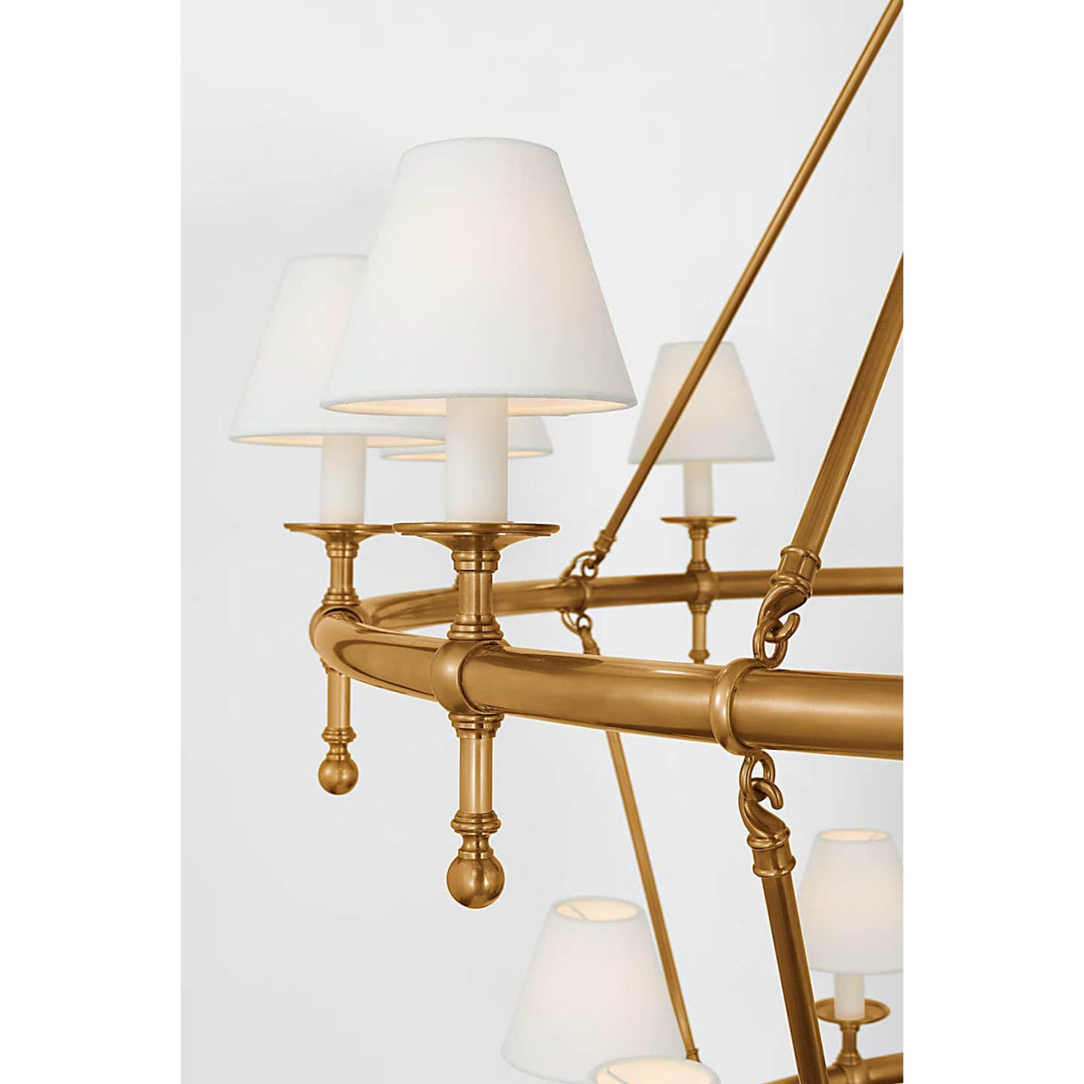 Chapman & Myers Classic 54" Two-Tier Ring Chandelier in Antique-Burnished Brass with Linen Shades W57.25" x H62"