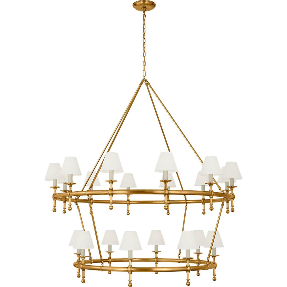 Chapman & Myers Classic 54" Two-Tier Ring Chandelier in Antique-Burnished Brass with Linen Shades W57.25" x H62"