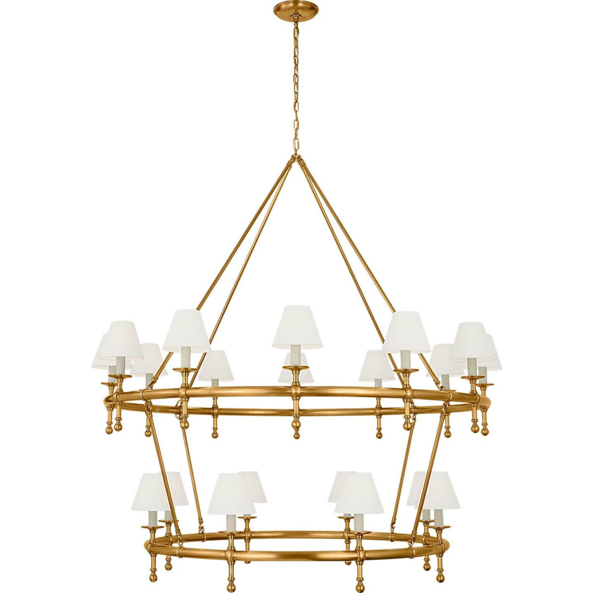 Chapman & Myers Classic 54" Two-Tier Ring Chandelier in Antique-Burnished Brass with Linen Shades W57.25" x H62"