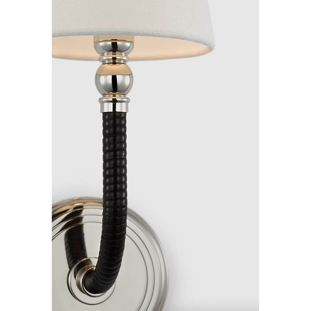Chapman & Myers Basden Medium Sconce in Polished Nickel and Black Rattan with Linen Shade W5.5" x H14" x E6.5"