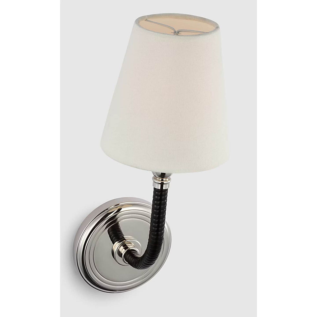 Chapman & Myers Basden Medium Sconce in Polished Nickel and Black Rattan with Linen Shade W5.5" x H14" x E6.5"