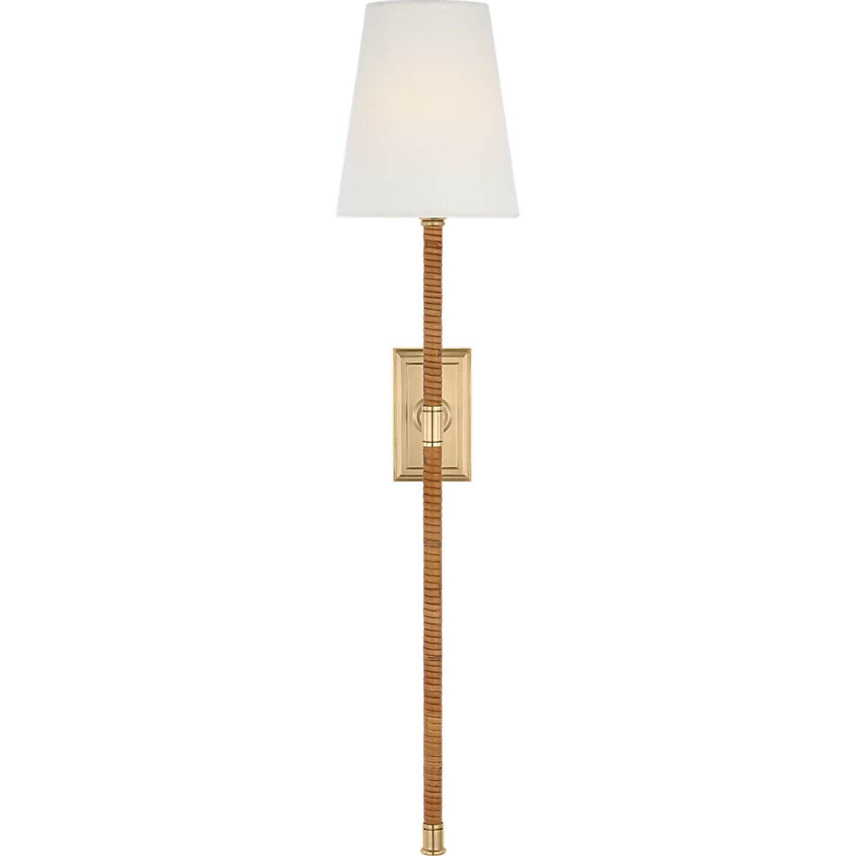 Chapman & Myers Basden 29" Tail Sconce in Antique-Burnished Brass and Natural Rattan with Linen Shade W6" x H28.5" x E6.75"
