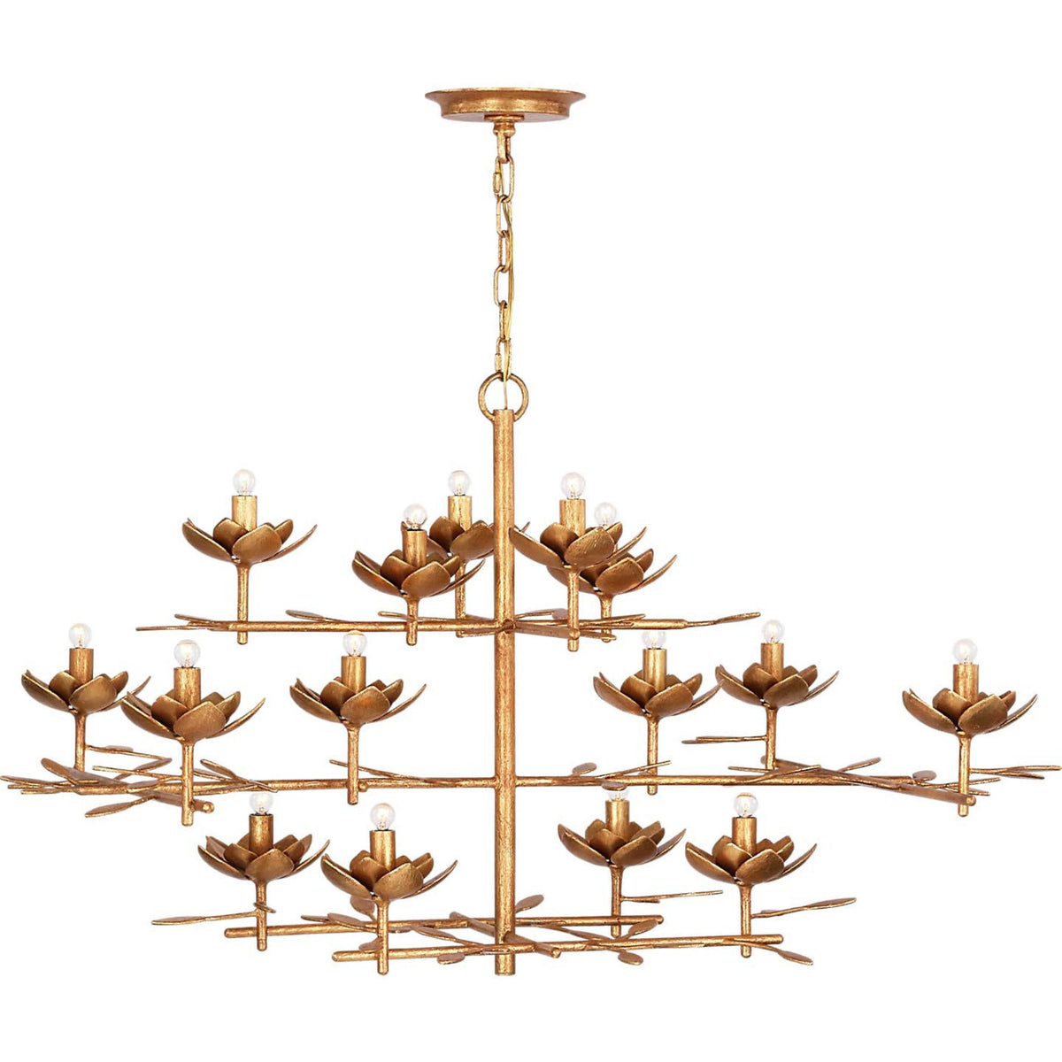 Julie Neill Clementine 48" Low Wide Tiered Chandelier in Antique Gold Leaf W48" x H27.5"