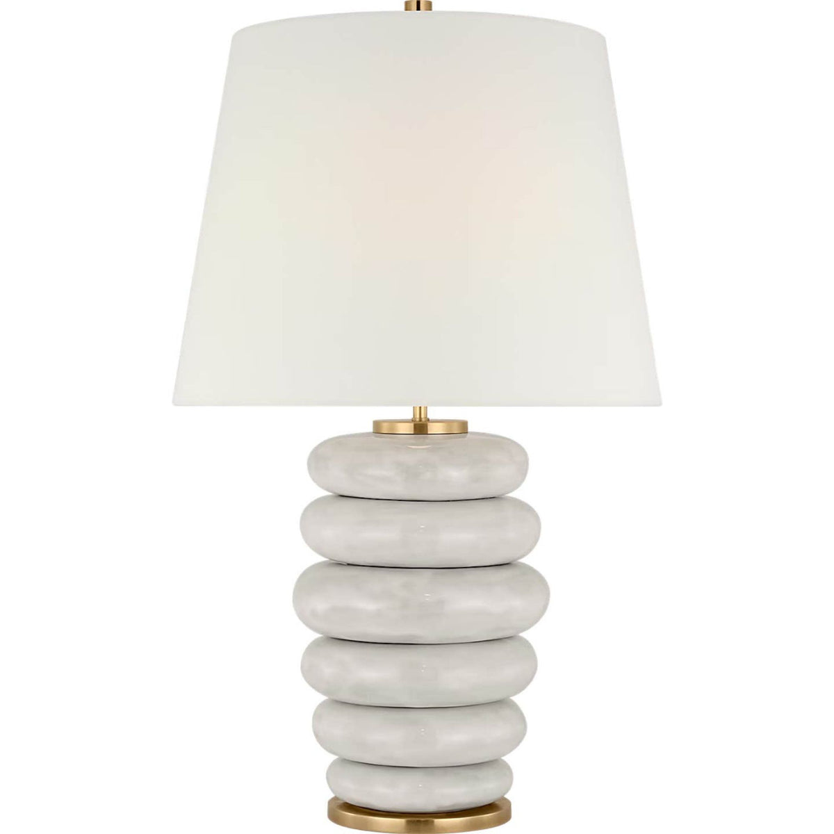 Kelly Wearstler Phoebe Cordless Stacked Table Lamp in Antiqued White Ceramic with Linen Shade W17" x H29"