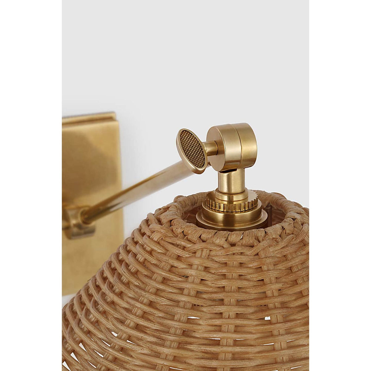 Marie Flanigan Wimberley Single Library Wall Light in Soft Brass with Natural Wicker Shade W10" x H8.25" - 8.5" x E15.5" - 16.75"