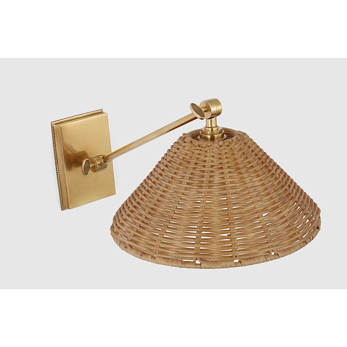 Marie Flanigan Wimberley Single Library Wall Light in Soft Brass with Natural Wicker Shade W10" x H8.25" - 8.5" x E15.5" - 16.75"