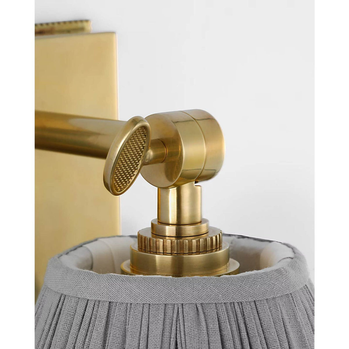 Marie Flanigan Wimberley Bedside Wall Light in Soft Brass with Blue Linen Pleated Shade W6" x H7.5" x E6.75"