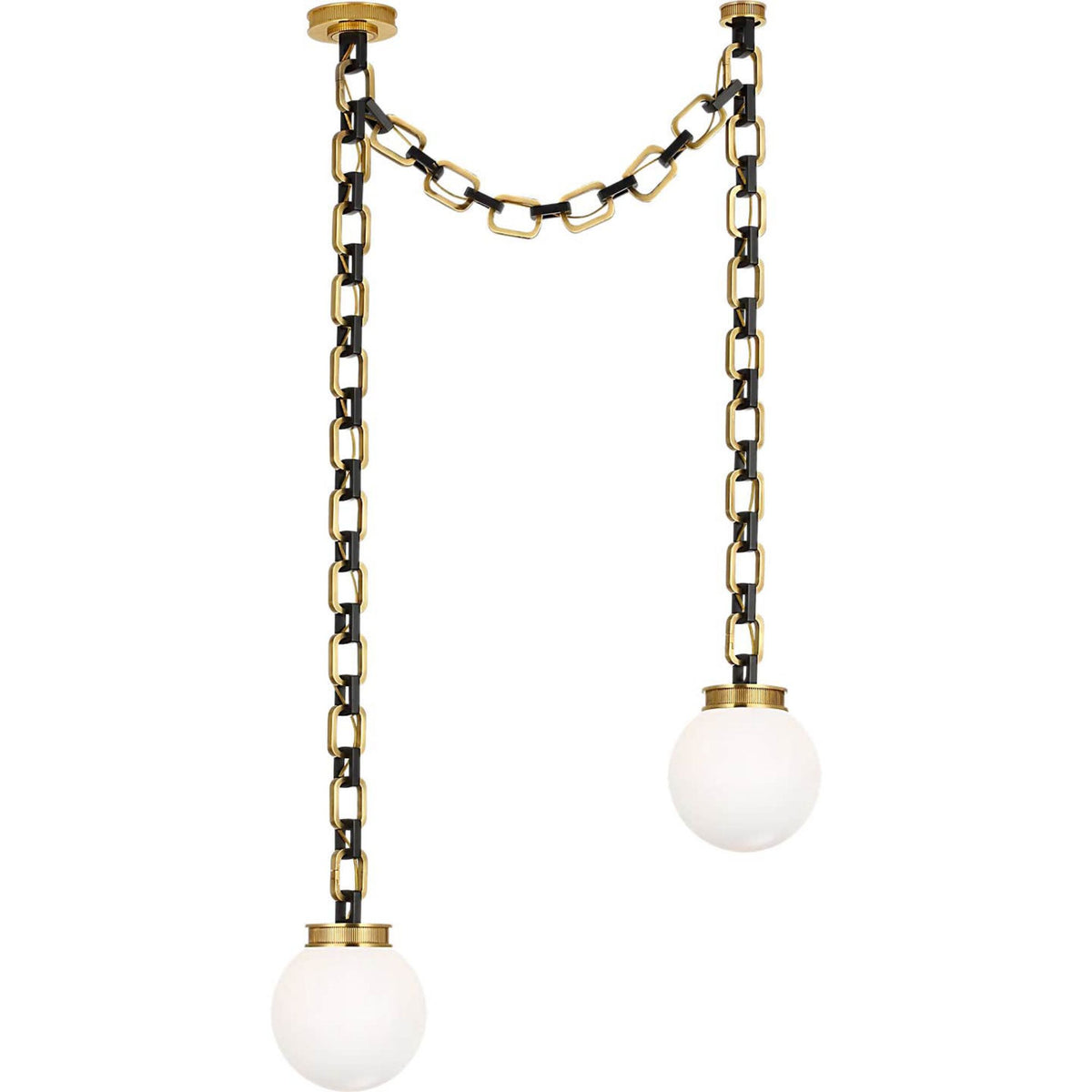 Marie Flanigan Bellamy 2 Light Statement Chain 8" Globe Chandelier in Soft Brass and Bronze with White Glass W33"